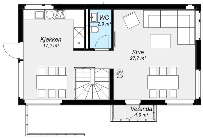 Hovedetasje: stue 27,7 m², kjøkken 17,2 m², WC, veranda