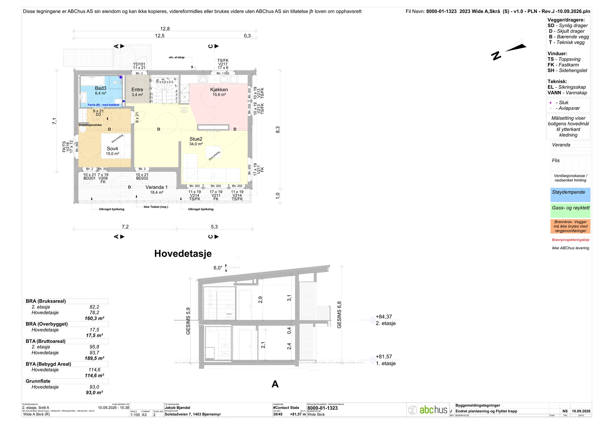 Hovedetasje: stue 34,0 m², kjøkken, soverom, bad og veranda